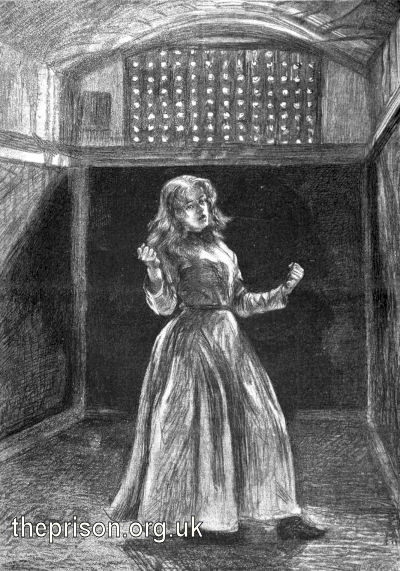 Refractory convict in padded cell, Woking Female Prison, 1889.